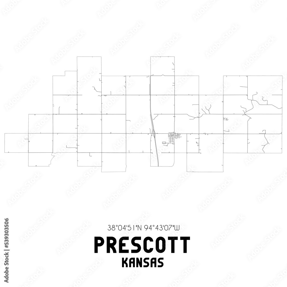Prescott Kansas. US street map with black and white lines.