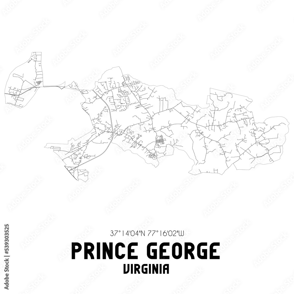 Prince George Virginia. US street map with black and white lines.