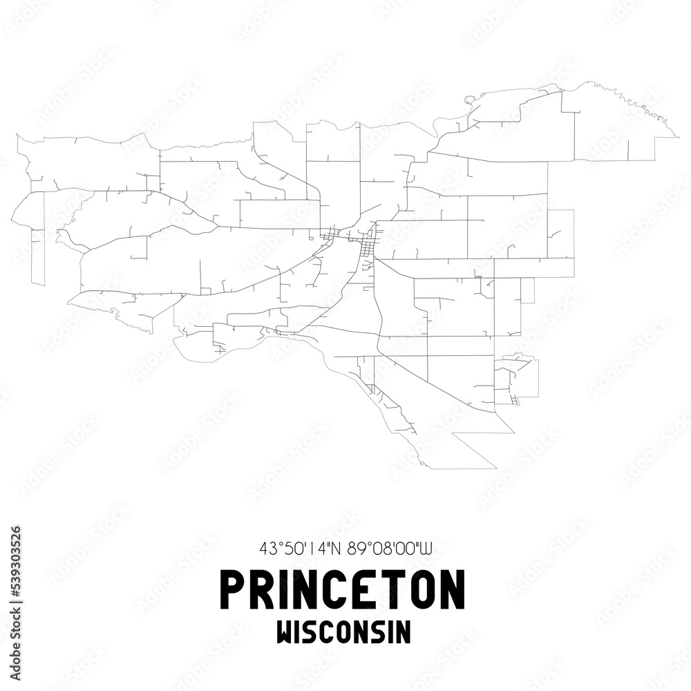 Princeton Wisconsin. US street map with black and white lines.