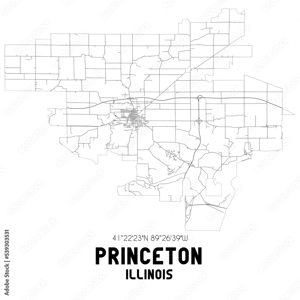 Princeton Illinois. US street map with black and white lines.