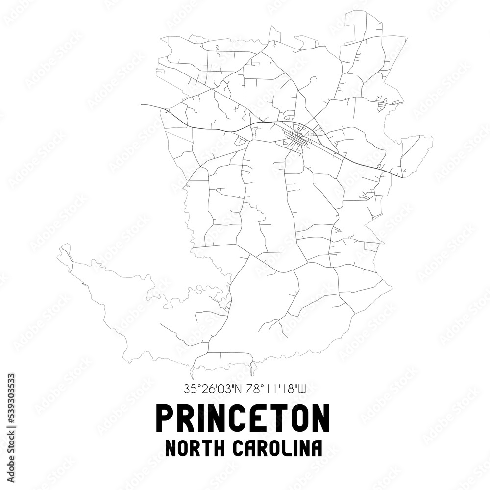 Princeton North Carolina. US street map with black and white lines.