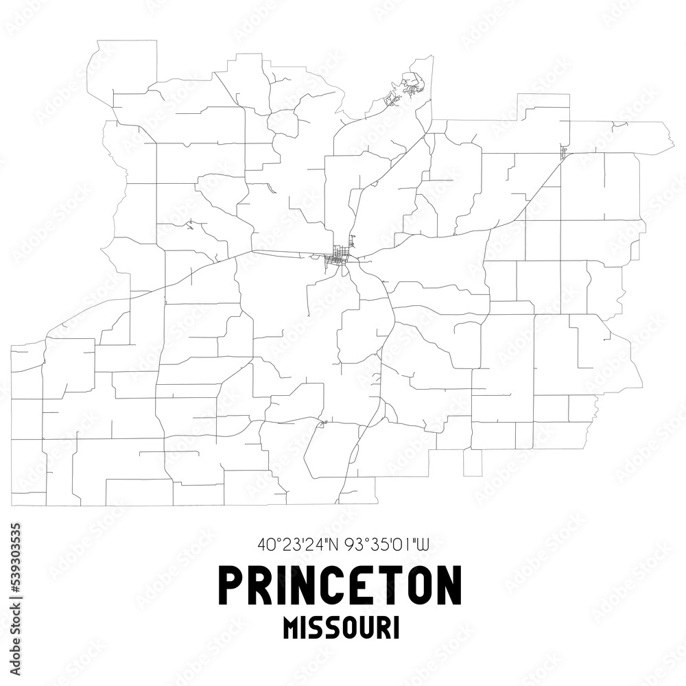 Princeton Missouri. US street map with black and white lines.