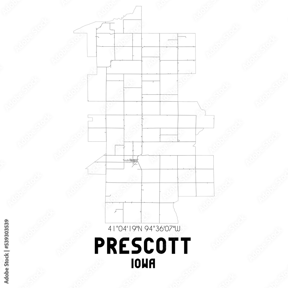 Prescott Iowa. US street map with black and white lines.