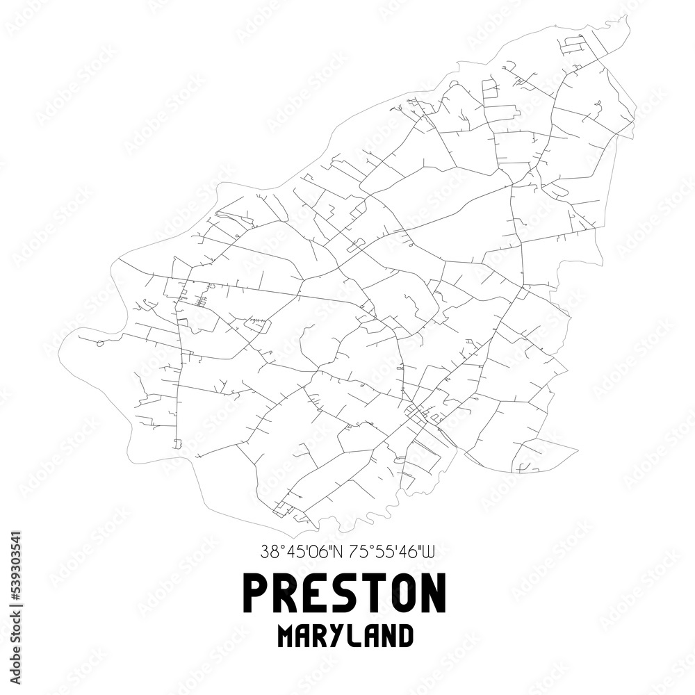 Preston Maryland. US street map with black and white lines.