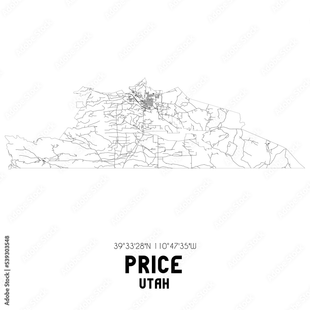 Price Utah. US street map with black and white lines.