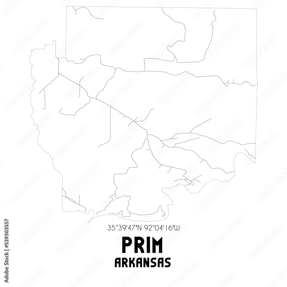 Prim Arkansas. US street map with black and white lines.
