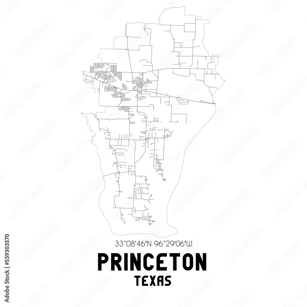 Princeton Texas. US street map with black and white lines.
