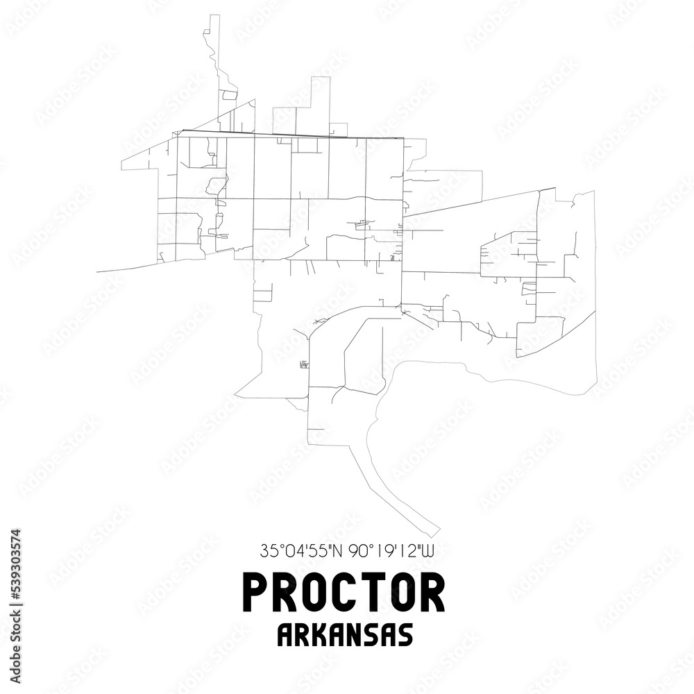 Proctor Arkansas. US street map with black and white lines.