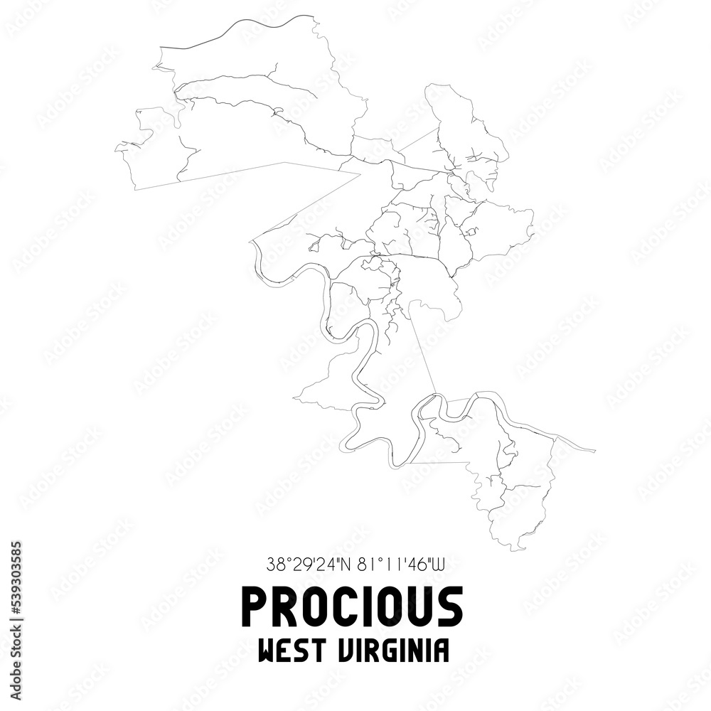 Procious West Virginia. US street map with black and white lines.