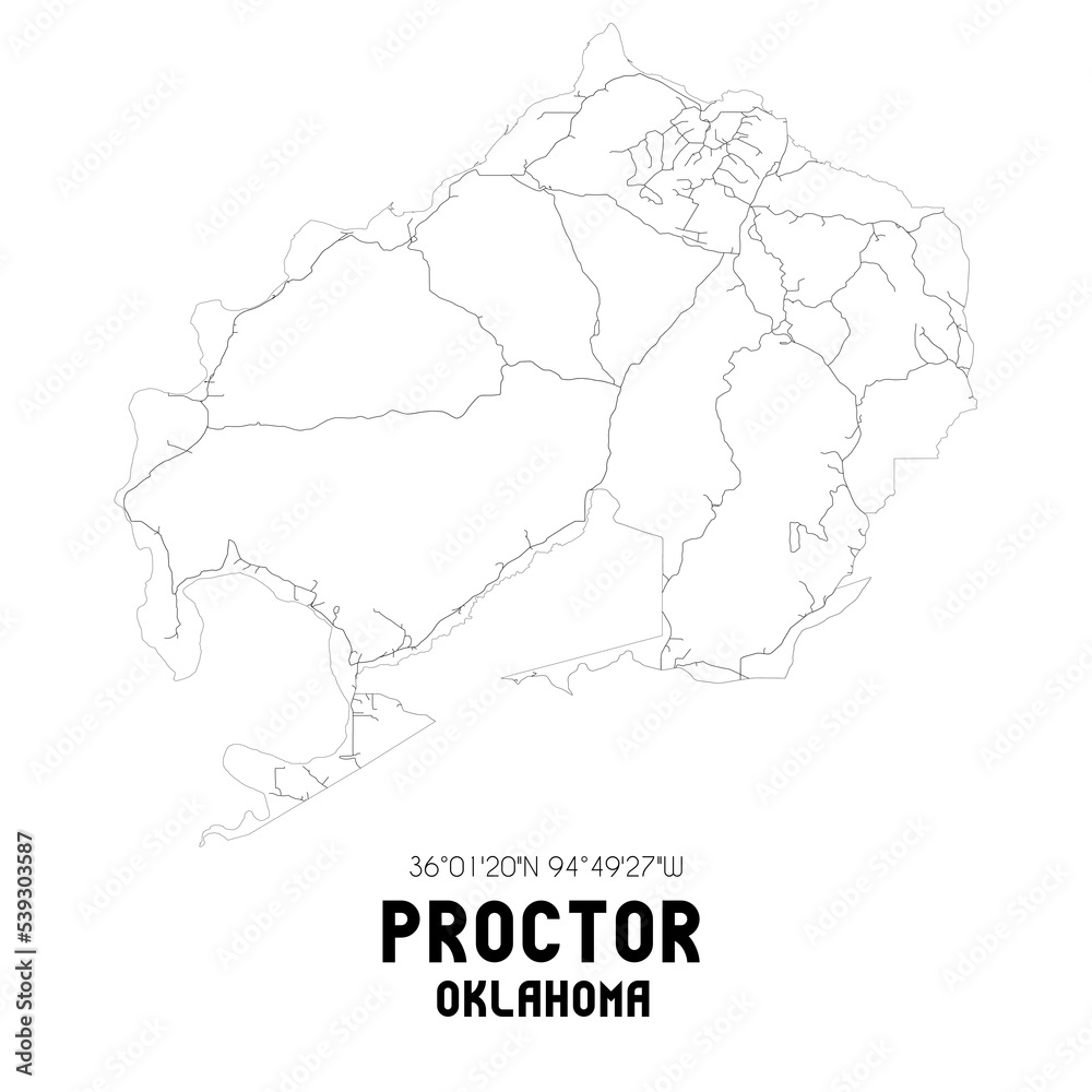 Proctor Oklahoma. US street map with black and white lines.