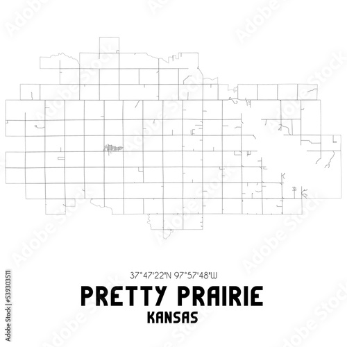 Pretty Prairie Kansas. US street map with black and white lines.