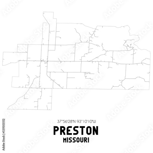 Preston Missouri. US street map with black and white lines.