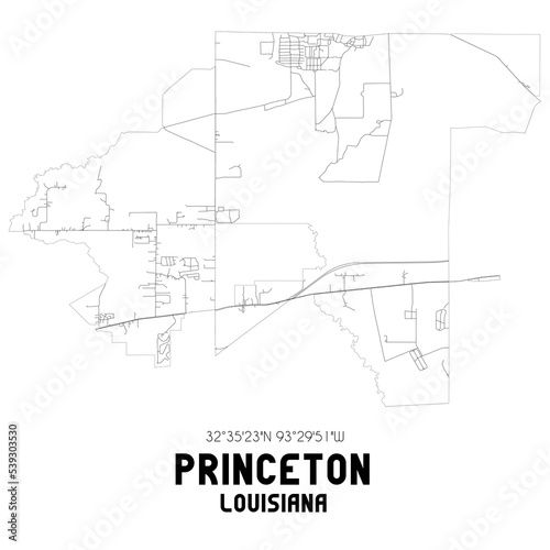 Princeton Louisiana. US street map with black and white lines.
