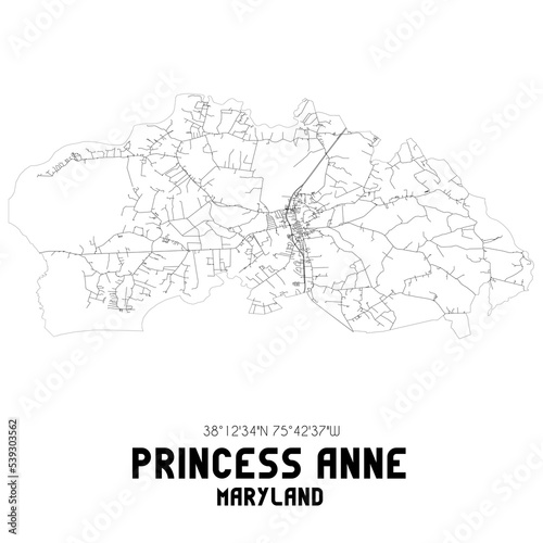Princess Anne Maryland. US street map with black and white lines.
