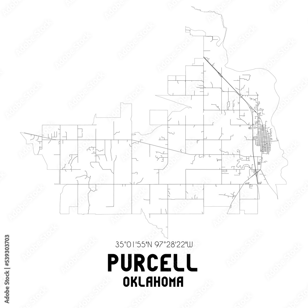 Purcell Oklahoma. US street map with black and white lines.