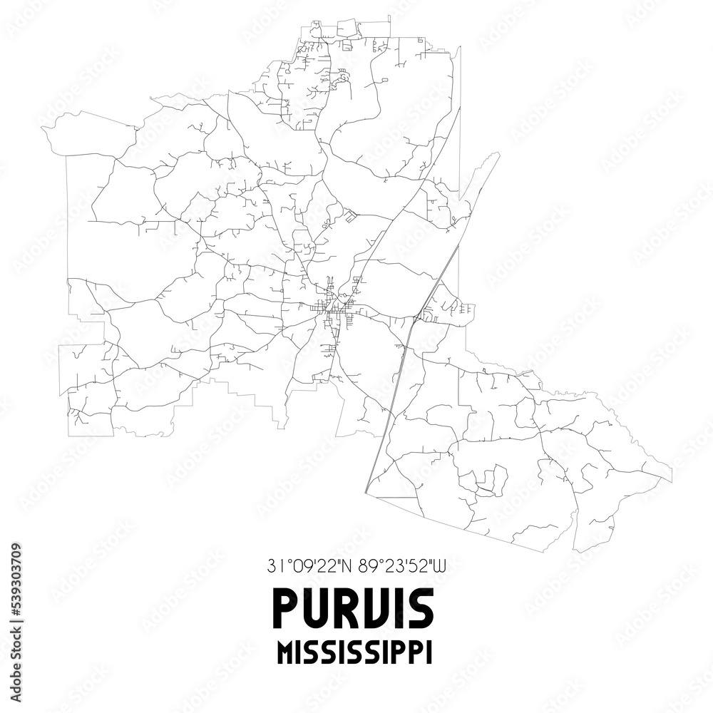 Purvis Mississippi. US street map with black and white lines.