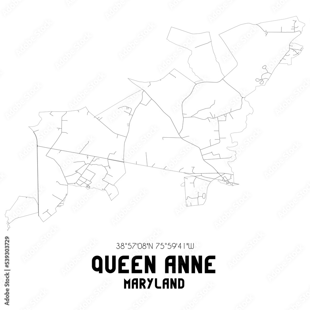Queen Anne Maryland. US street map with black and white lines.