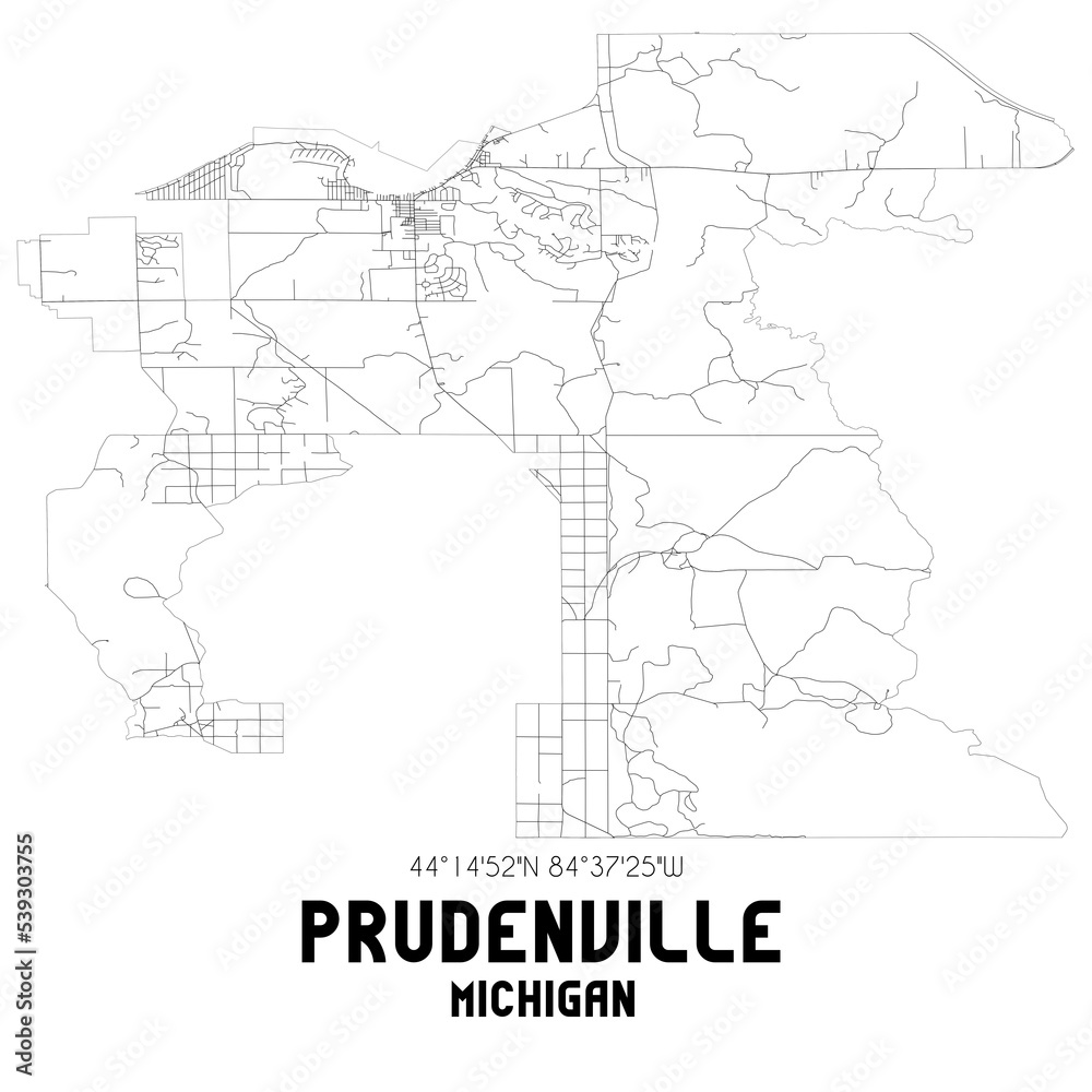 Prudenville Michigan. US street map with black and white lines.