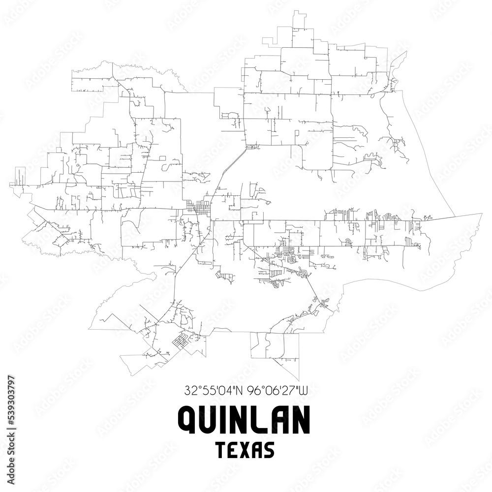 Quinlan Texas. US street map with black and white lines.