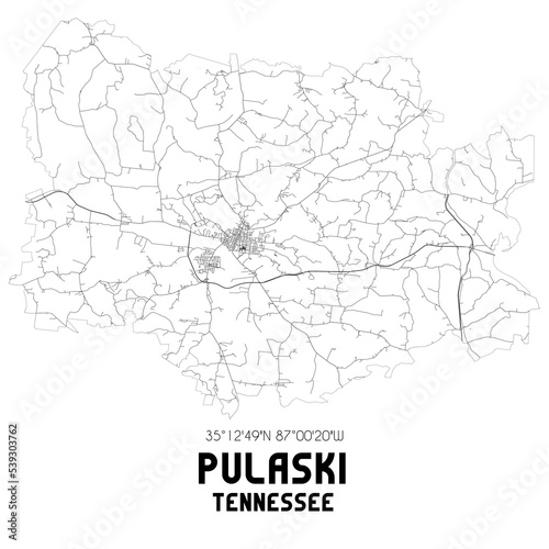 Pulaski Tennessee. US street map with black and white lines.