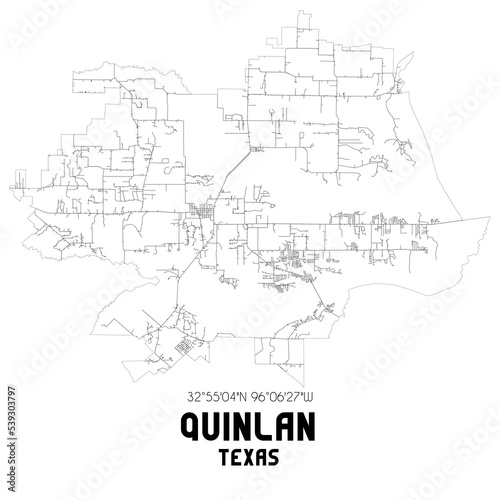 Quinlan Texas. US street map with black and white lines.