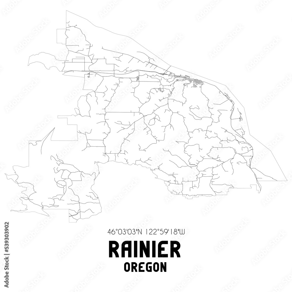 Rainier Oregon. US street map with black and white lines.