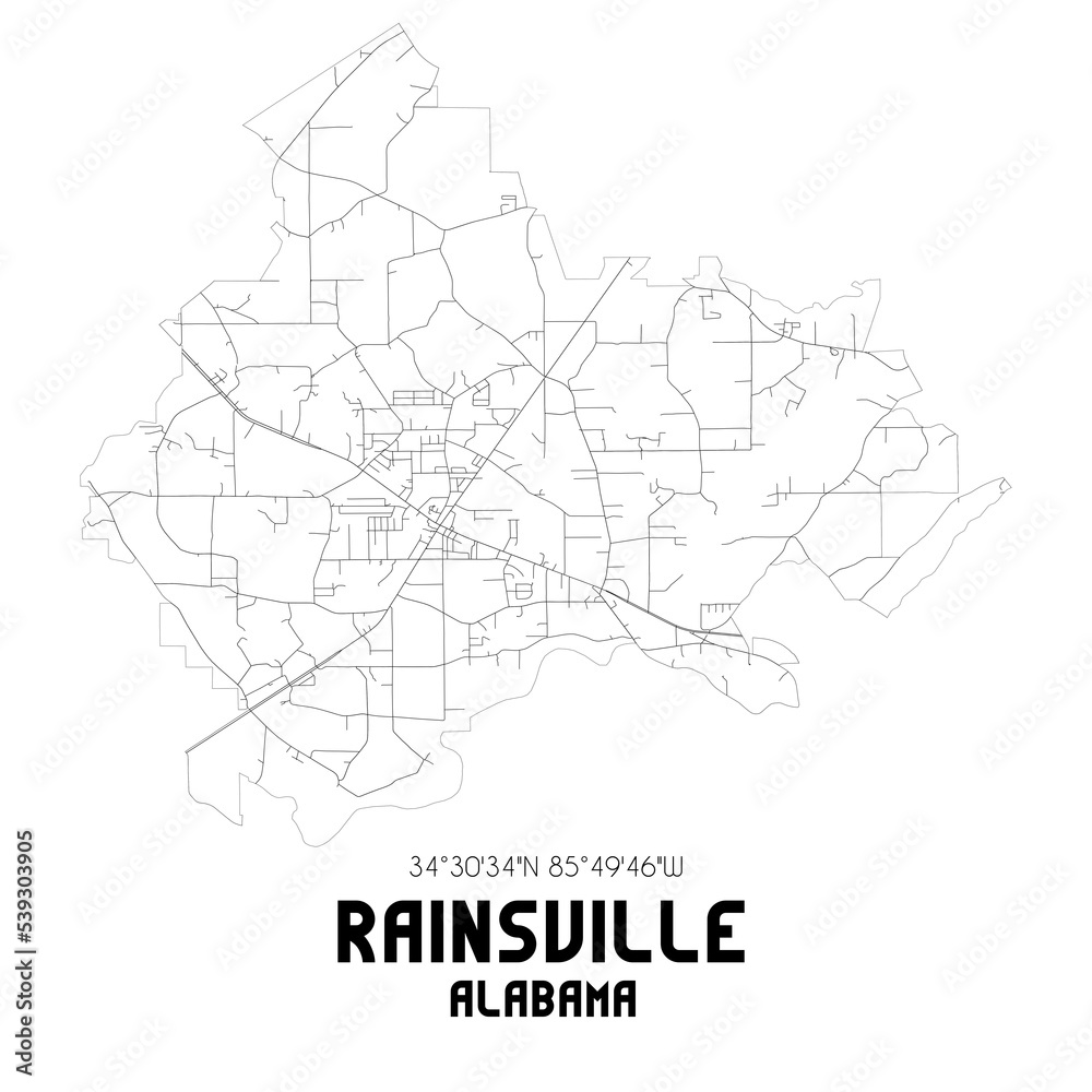 Rainsville Alabama. US street map with black and white lines.