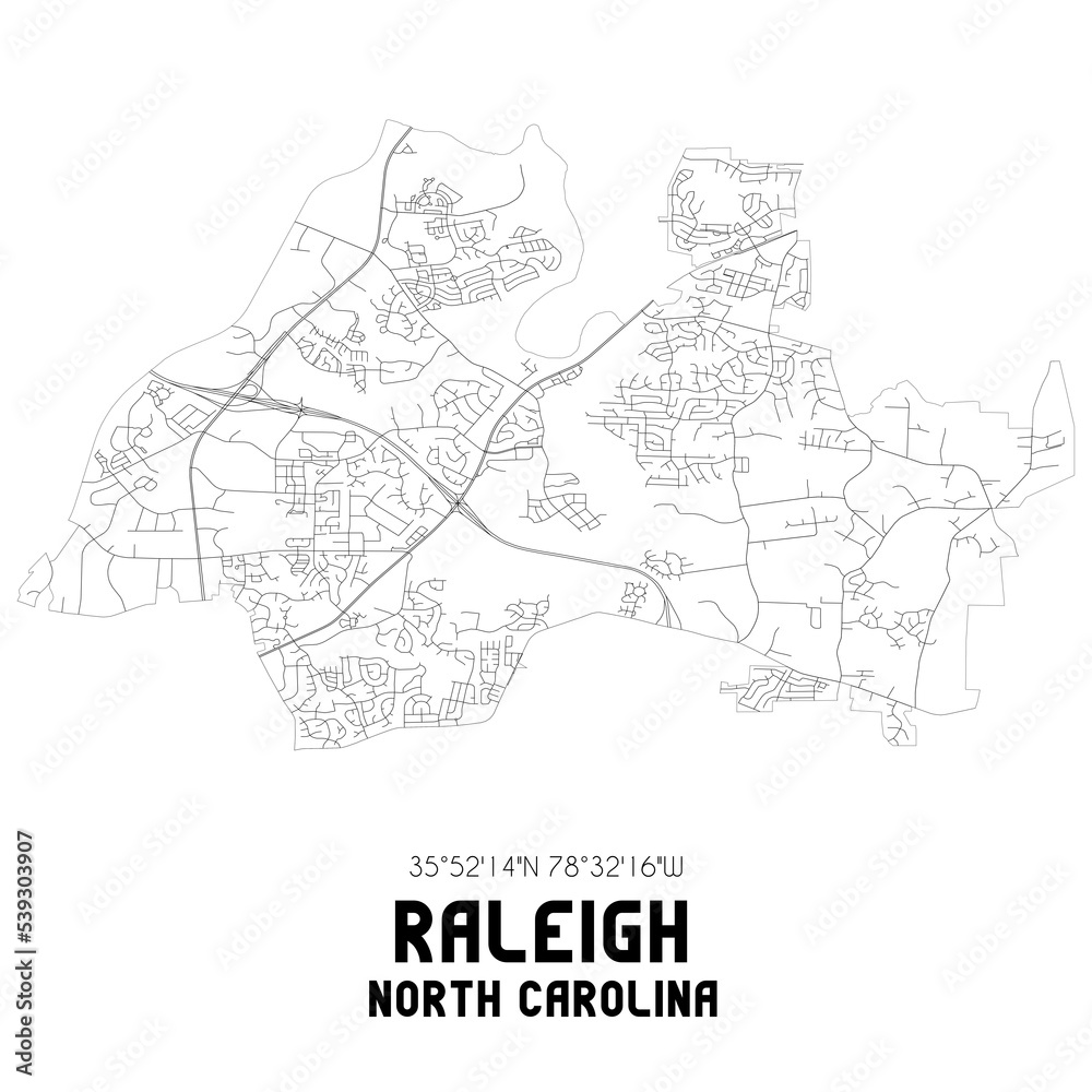 Raleigh North Carolina. US street map with black and white lines.