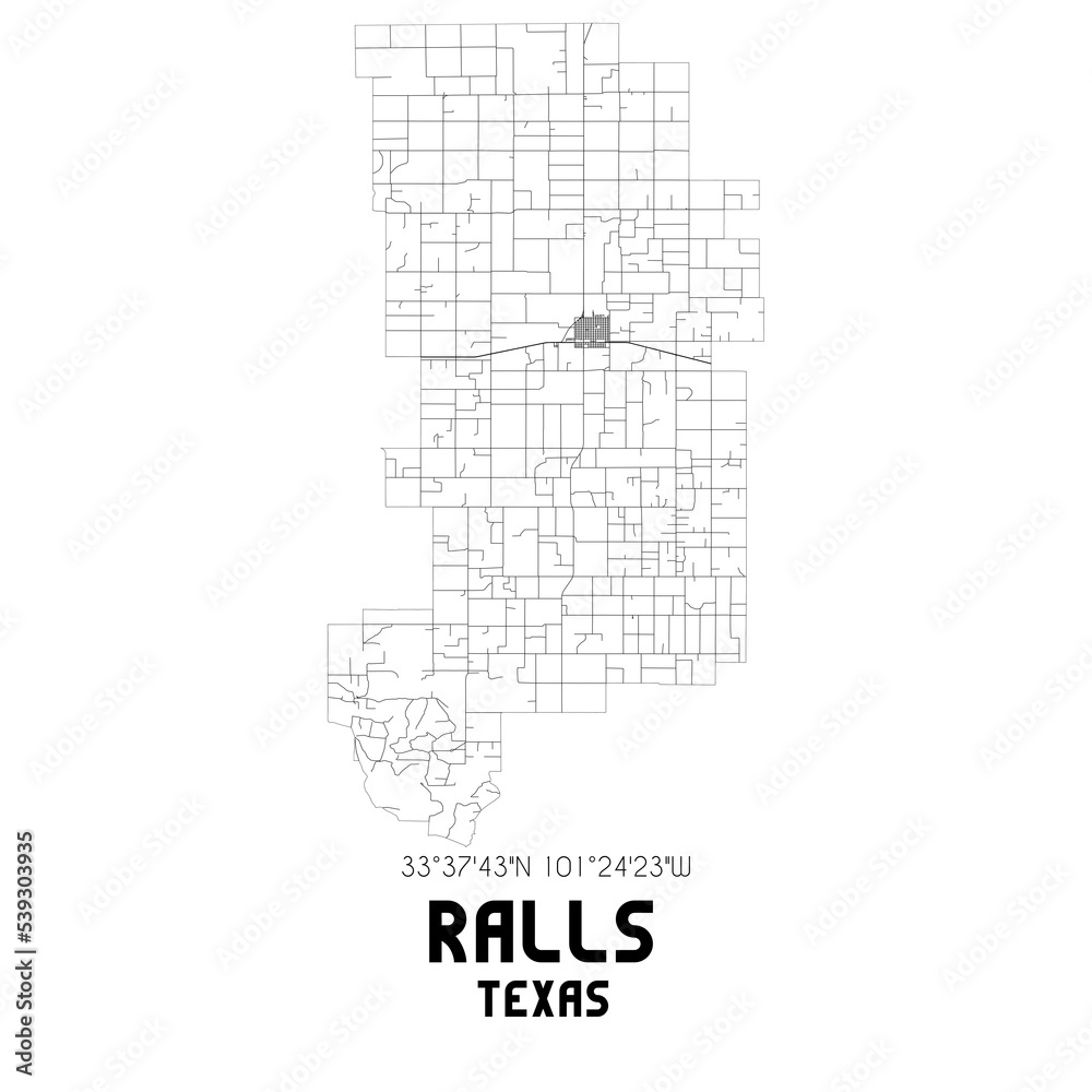 Ralls Texas. US street map with black and white lines.