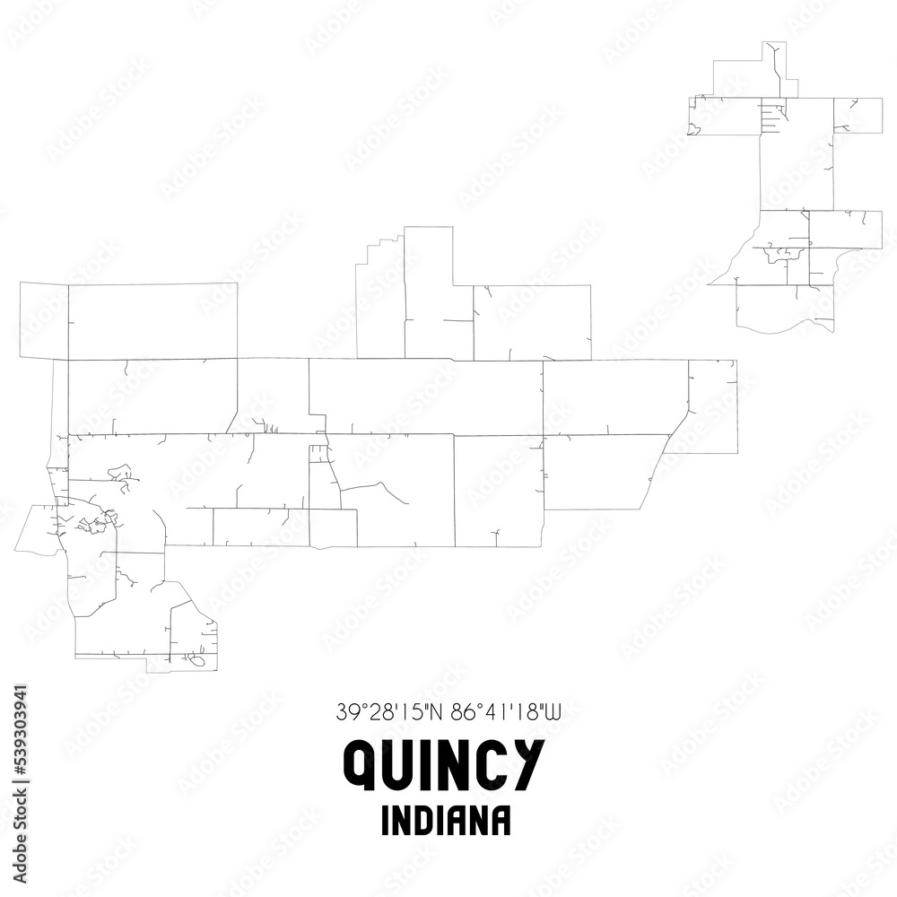 Quincy Indiana. US street map with black and white lines.