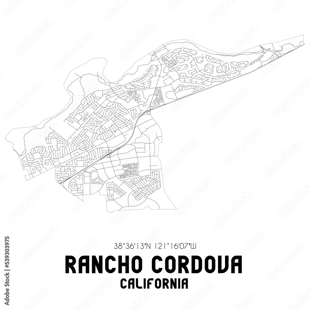 Rancho Cordova California. US street map with black and white lines.