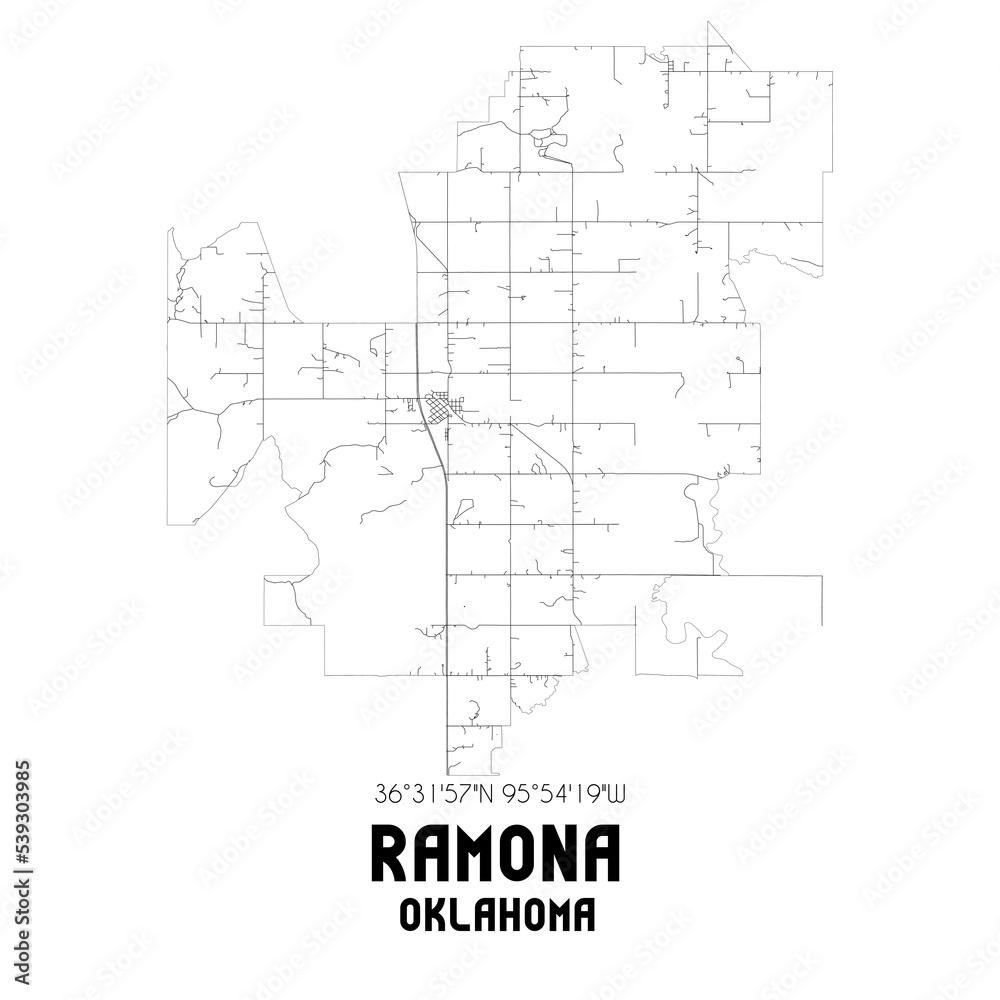 Ramona Oklahoma. US street map with black and white lines.