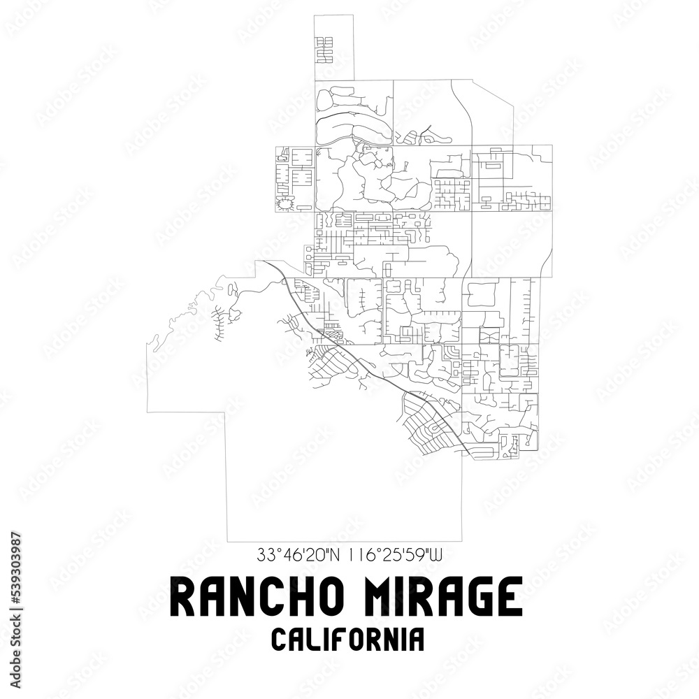 Rancho Mirage California. US street map with black and white lines.