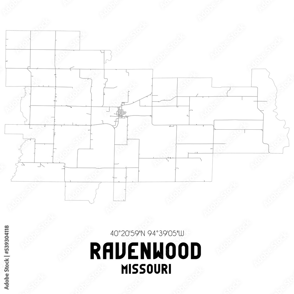 Ravenwood Missouri. US street map with black and white lines.
