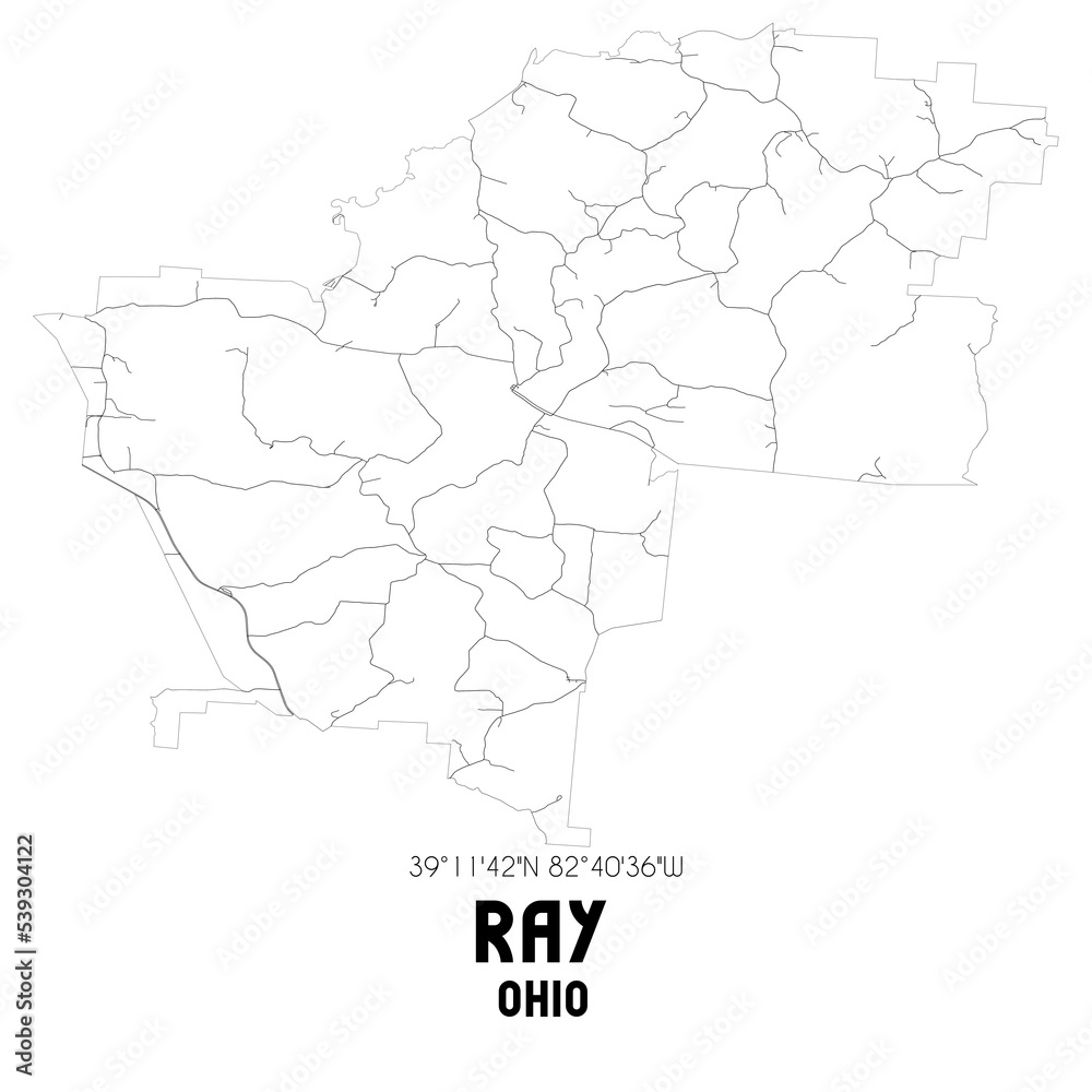 Ray Ohio. US street map with black and white lines.