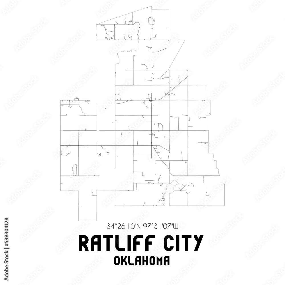 Ratliff City Oklahoma. US street map with black and white lines.