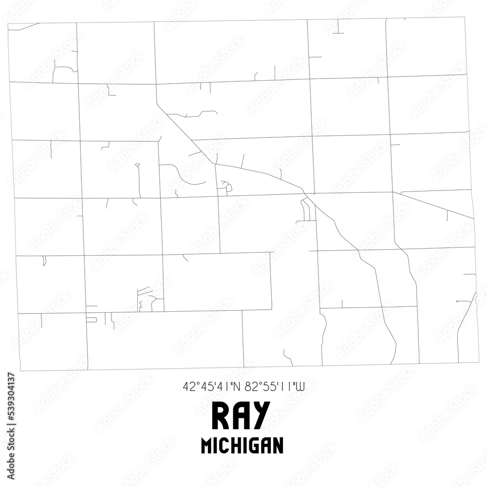 Ray Michigan. US street map with black and white lines.