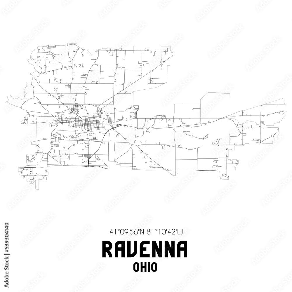 Ravenna Ohio. US street map with black and white lines.