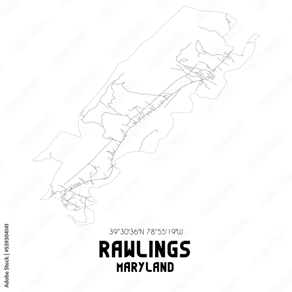 Rawlings Maryland. US street map with black and white lines.