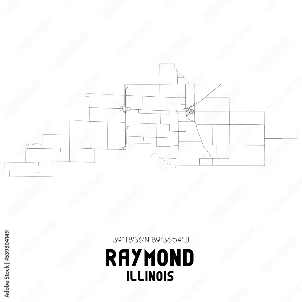 Raymond Illinois. US street map with black and white lines.