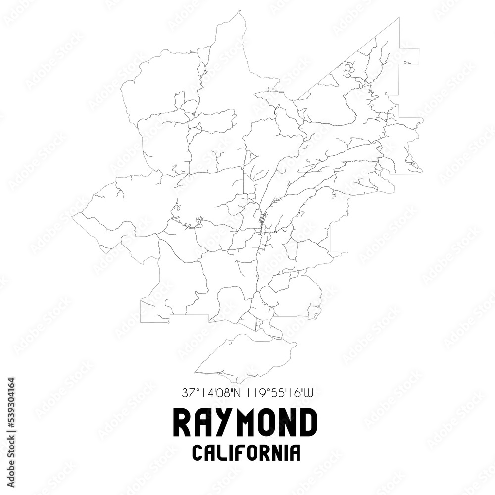 Raymond California. US street map with black and white lines.