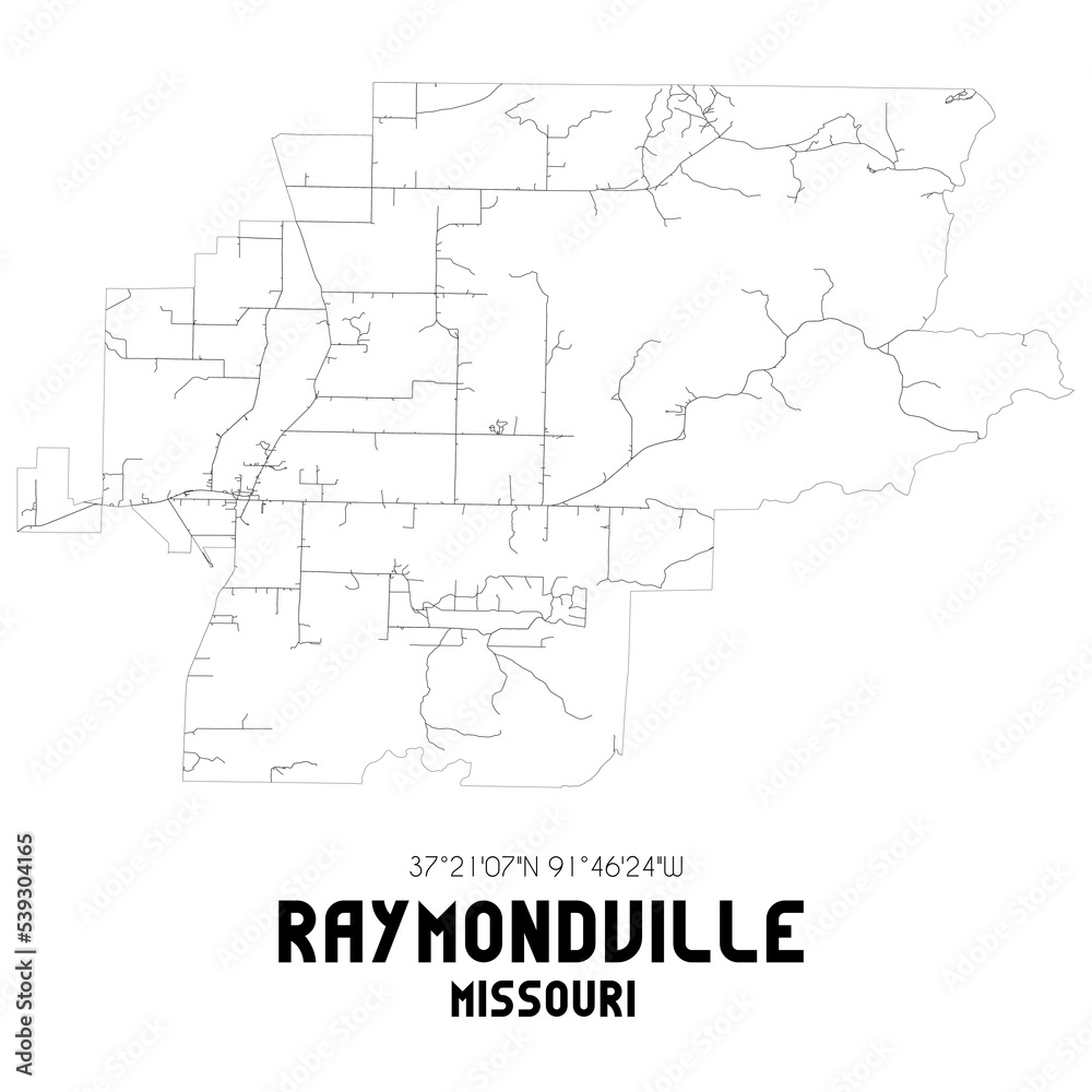 Raymondville Missouri. US street map with black and white lines.