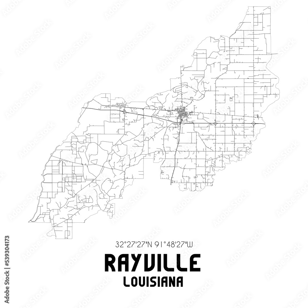 Rayville Louisiana. US street map with black and white lines. Rayville Louisiana. US street map with black and white lines.