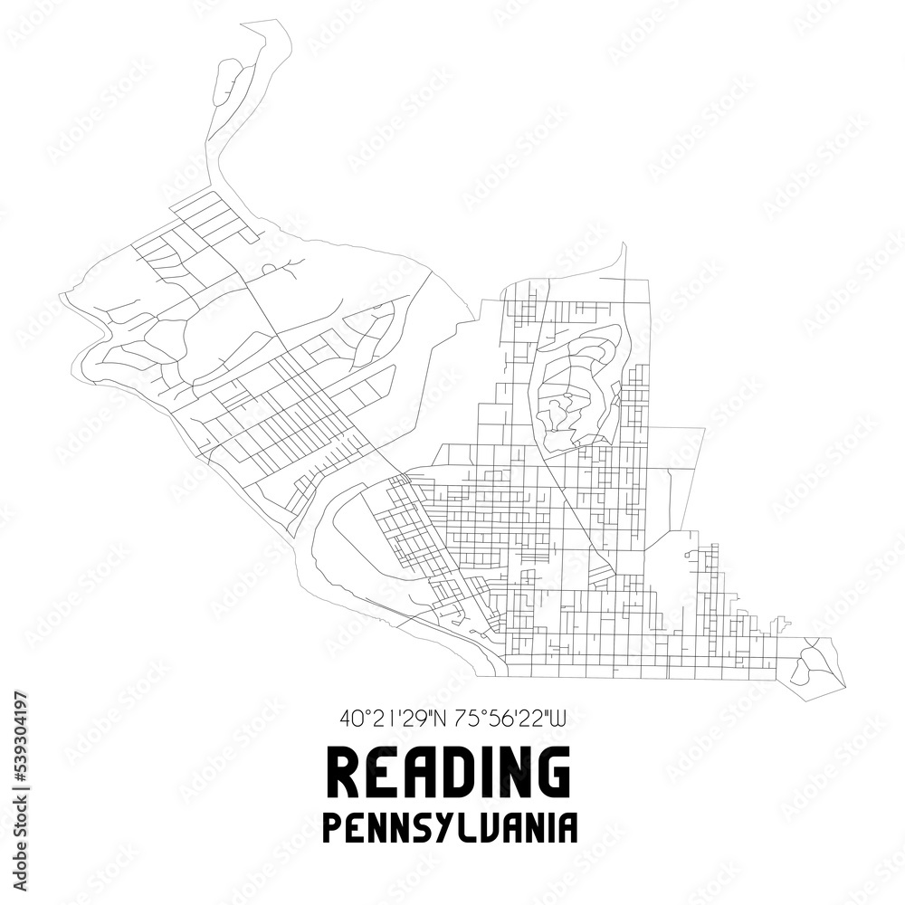 Reading Pennsylvania. US street map with black and white lines.