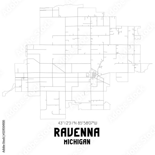 Ravenna Michigan. US street map with black and white lines.