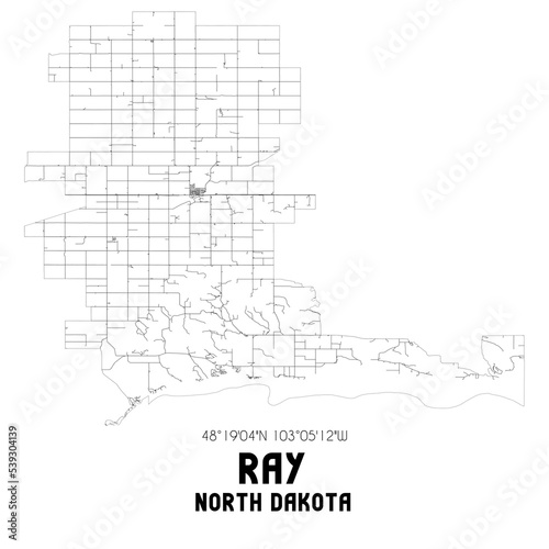 Ray North Dakota. US street map with black and white lines.