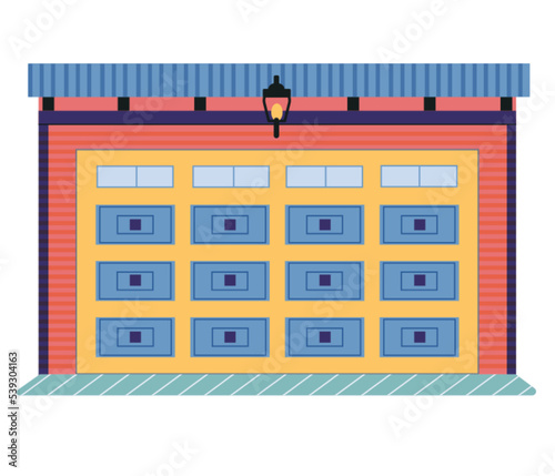 Garage door from various material with mechanical or automatic control system. Roller gate in premises for storing vehicles. Roll door in garage, car house storage isolated on white background