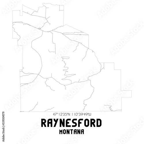 Raynesford Montana. US street map with black and white lines.