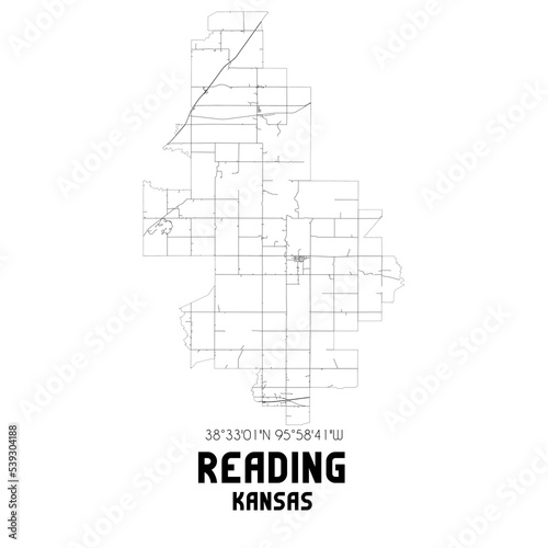Reading Kansas. US street map with black and white lines.