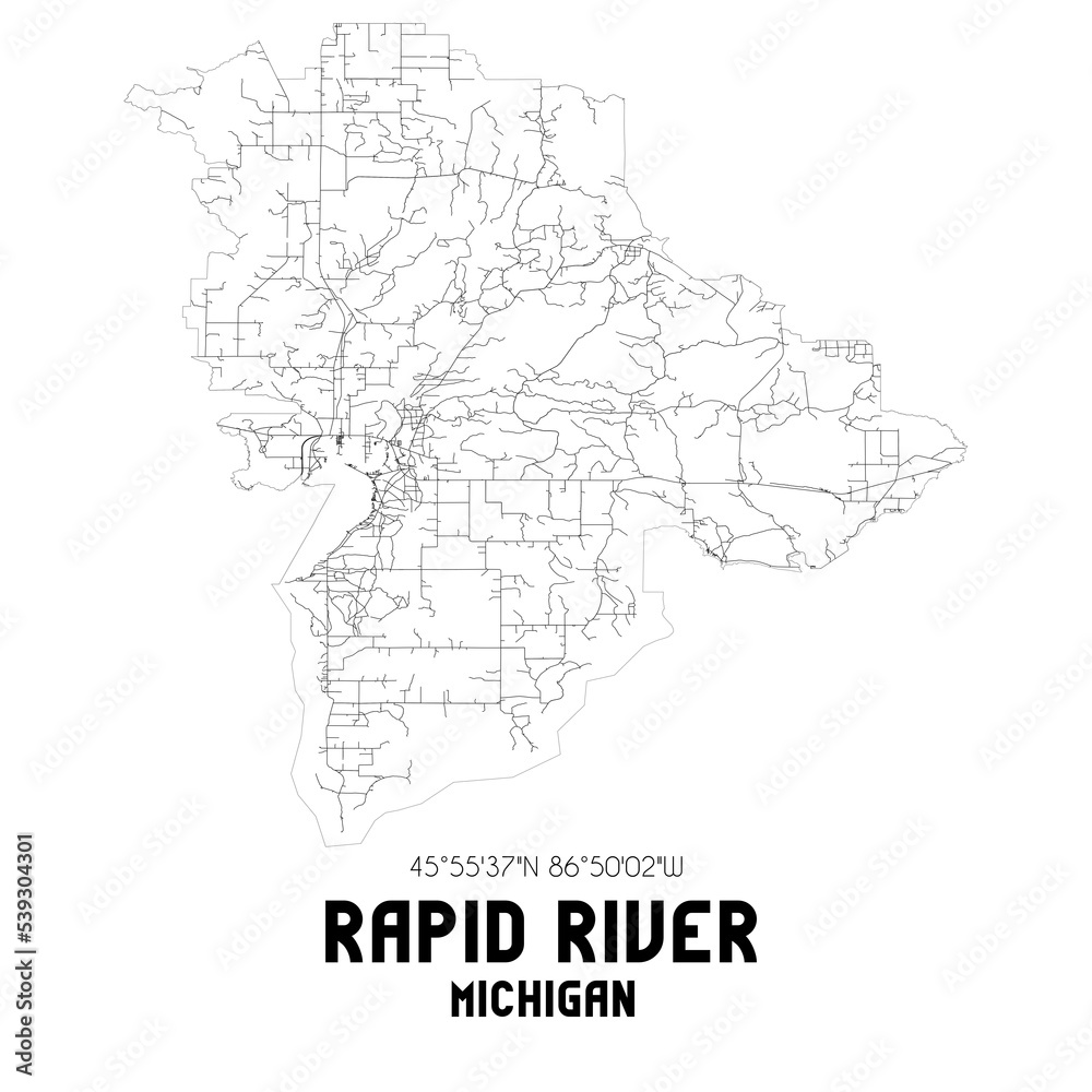 Rapid River Michigan. US street map with black and white lines.